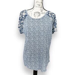 New Lucky Brand Zip Back Blue Paisley Short Sleeve Mixed Media Blouse Top XL